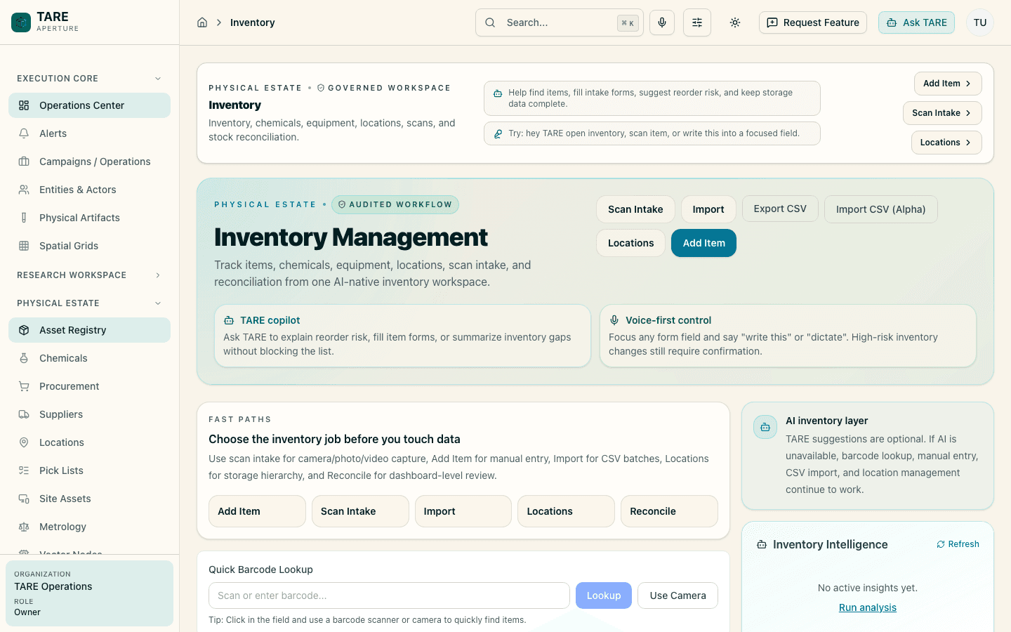 TARE light-mode inventory management screen
