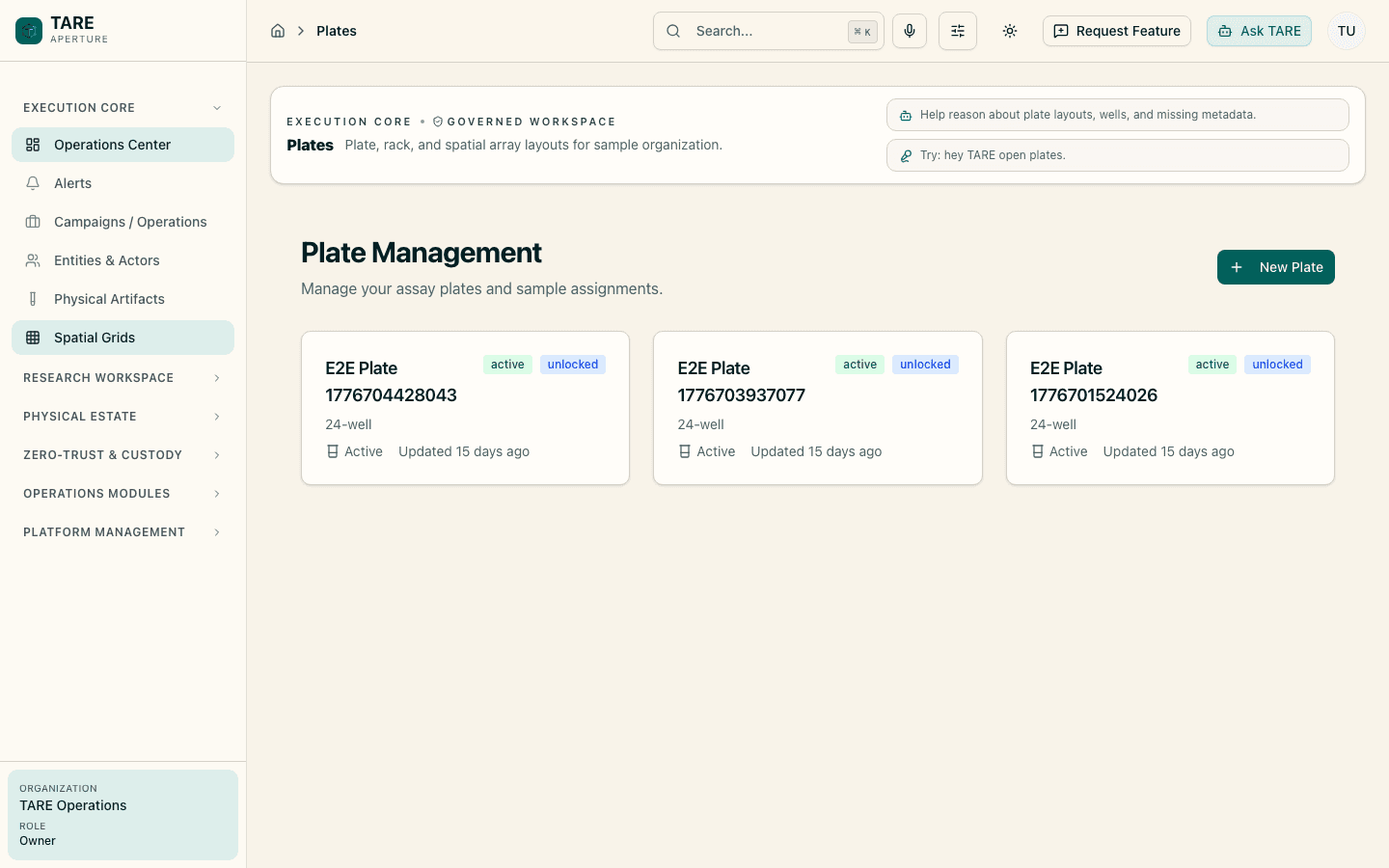 TARE light-mode plate management screen