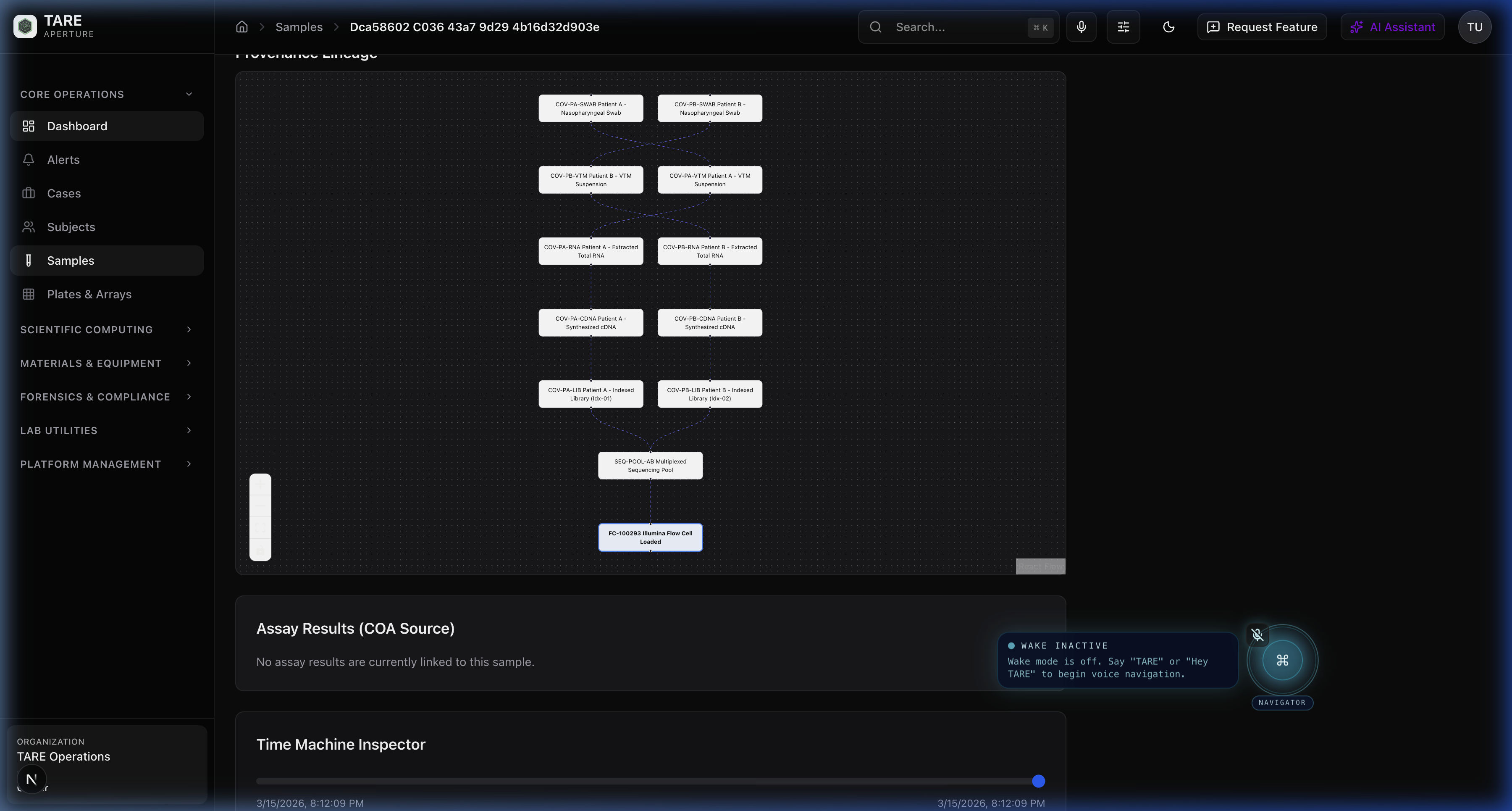 TARE's Visual Merkle-DAG Tracking UI showing blood extraction and aliquot pooling